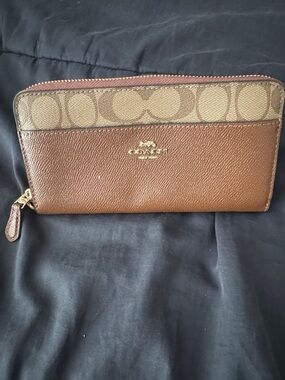 Coach Brown Signature Canvas and Leather Zip Wallet